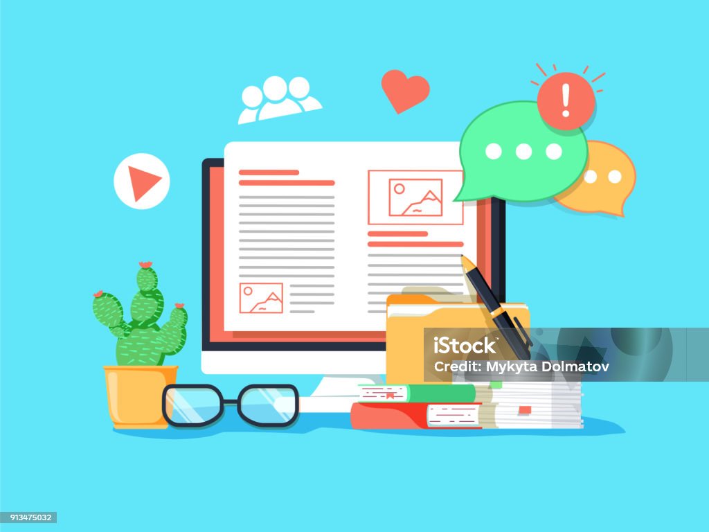Blogging concept illustration. Idea of writing blog and making content for social media. Blogging concept illustration. Idea of writing blog and making content for social media. Digital concept with media news, comments and social activity symbols Blogging stock vector