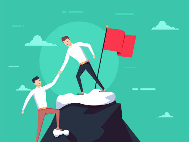 ilustrações de stock, clip art, desenhos animados e ícones de teamwork concept. two businessmen together rise on mountain with flag. give help hand. collaboration concept. - gear tall solution people