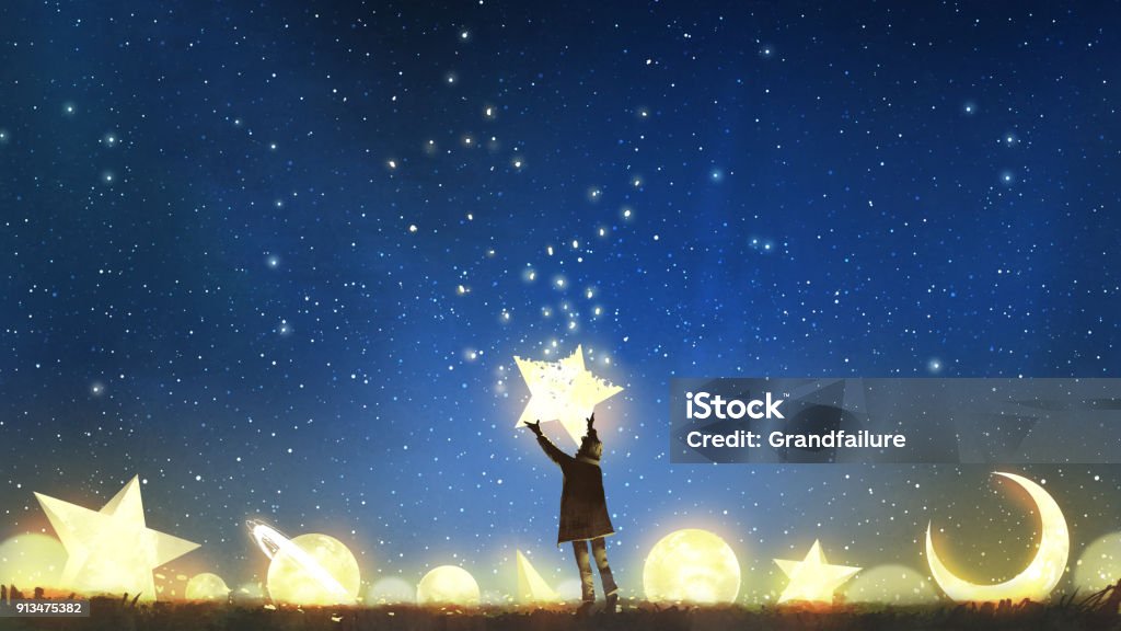 niño sosteniendo la estrella en el cielo - Ilustración de stock de Forma de Estrella libre de derechos