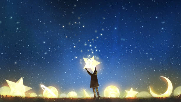 boy holding the star up in the sky beautiful scenery showing the young boy standing among glowing planets and holding the star up in the night sky, digital art style, illustration painting dreamlike stock illustrations