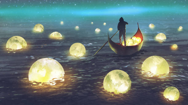 illustrazioni stock, clip art, cartoni animati e icone di tendenza di uomo che raccoglie lune sul mare - onirico