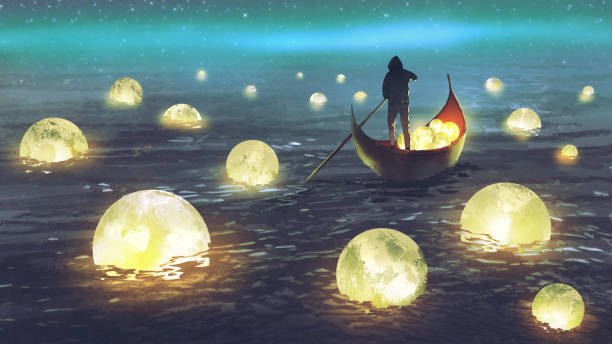man harvesting moons on the sea night scenery of a man rowing a boat among many glowing moons floating on the sea, digital art style, illustration painting painting activity illustrations stock illustrations