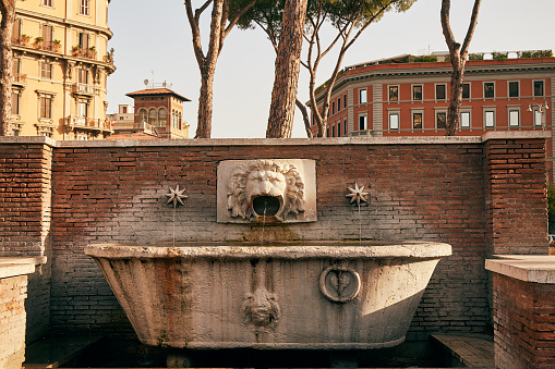 A drinking fountain in the form of a bath and a human head in Rome, Italy on a summer day