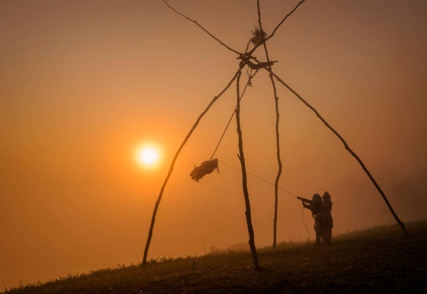 Tribal swings are sitting on a mountain with sun light .\