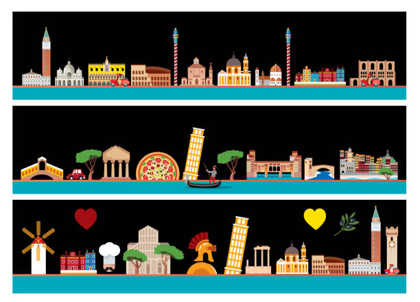 ilustrações, clipart, desenhos animados e ícones de skyline de itália - italian flag skyline famous place flag