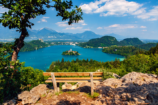 Lake Bled in summer, view from above, Slovenia.