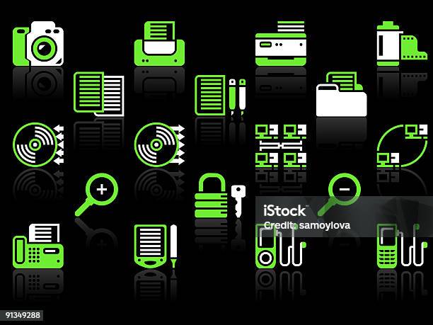 Verde In Ufficio Nero Icona Set - Immagini vettoriali stock e altre immagini di Bianco - Bianco, Bombola, CD-ROM