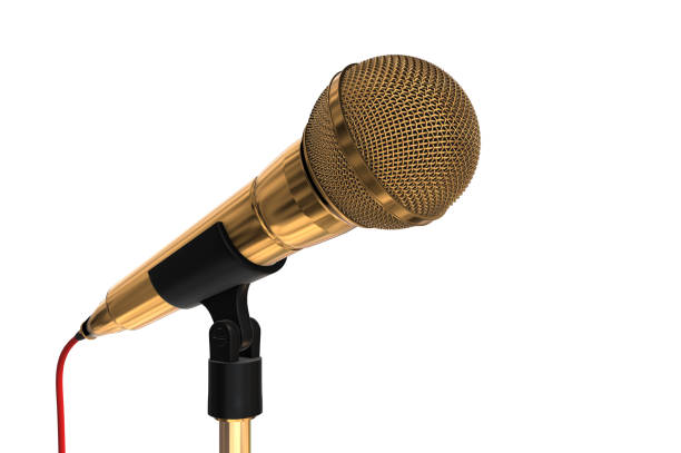 istock Close up of a gold coloured cardioid dynamic ball head microphone on a microphone stand on a plain white background. 913492934
