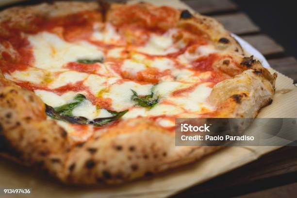 Close Up View Of A Margherita Neapolitan Style Pizza With Buffalo Mozzarella Tomato Sauce And Basil Stock Photo - Download Image Now