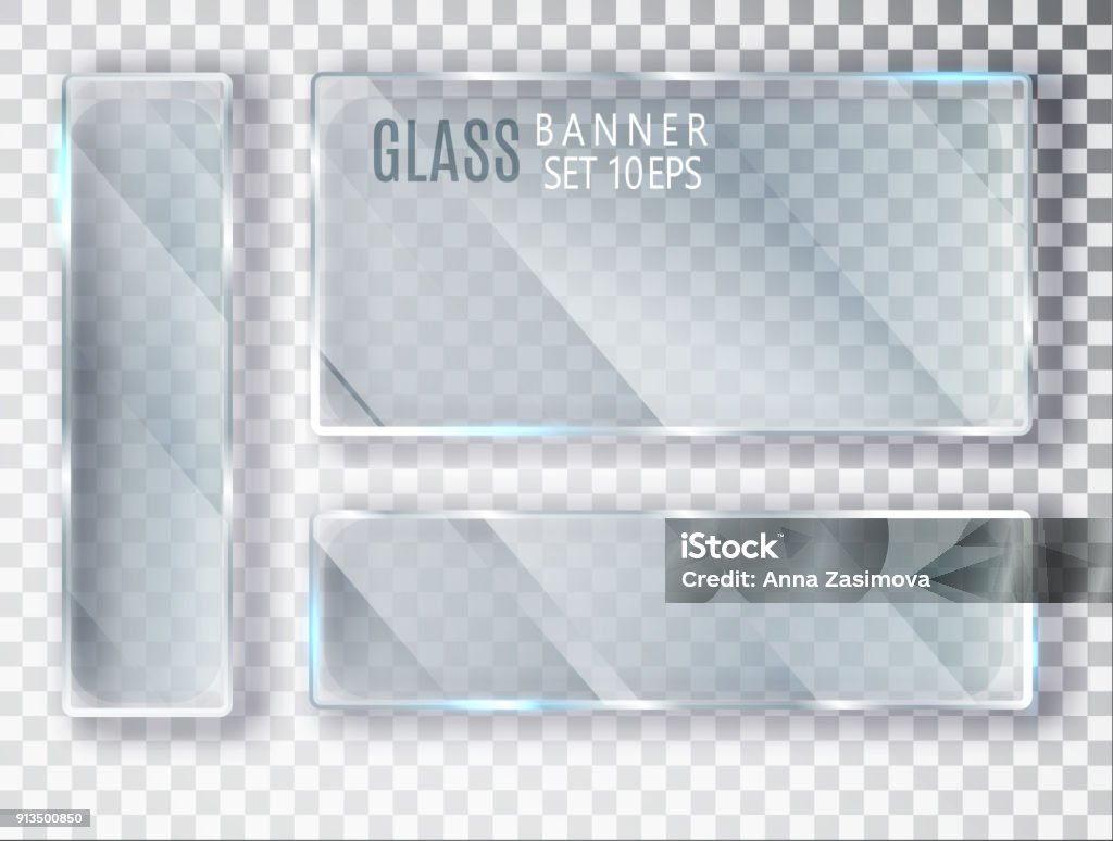 ガラスの透明なプレートのセット。ベクター ガラス モダンなバナー透明な背景に分離されました。フラット ガラス。現実的な 3 D デザイン。ベクトル透明オブジェクト 10 eps。 - ガラスのロイヤリティフリーベクトルアート