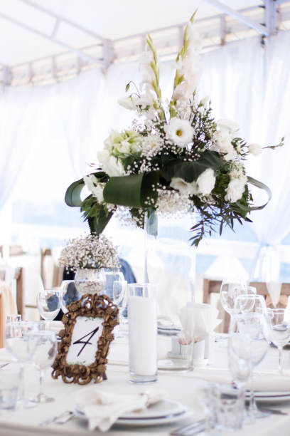 istock Catering table set service with food and drink at restaurant 913504642