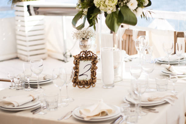 istock Catering table set service with food and drink at restaurant 913504664