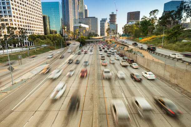 istock Los Angeles city skyline over the freeway traffic 913507090
