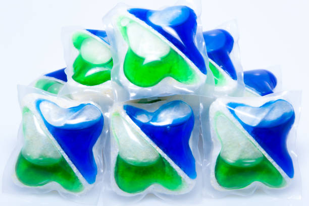 istock Colorful washing capsules for dishwasher on white background 913511420