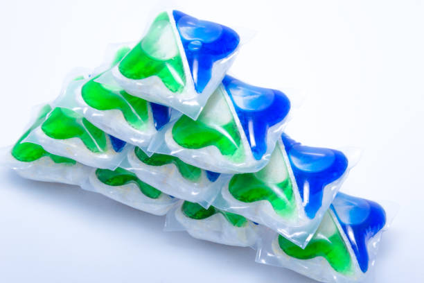istock Colorful washing capsules for dishwasher on white background 913511448
