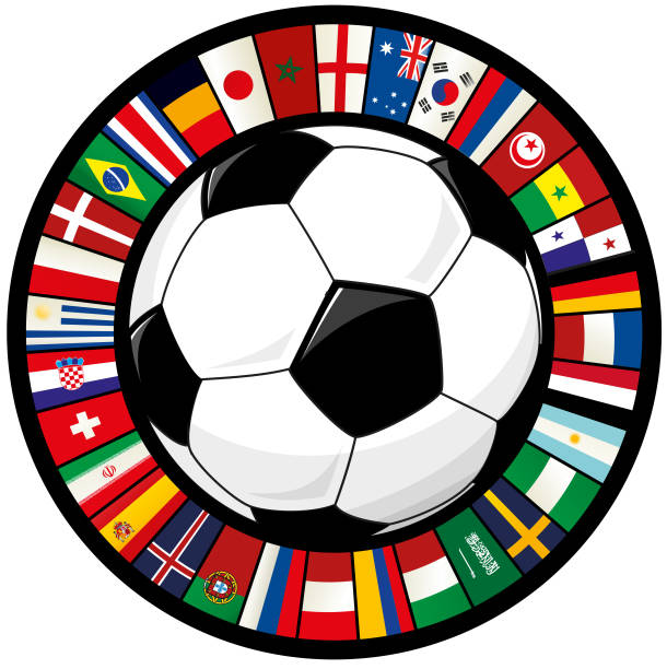 ilustraciones, imágenes clip art, dibujos animados e iconos de stock de balón de fútbol y el anillo del fútbol de banderas del mundo - campeonato-mundial