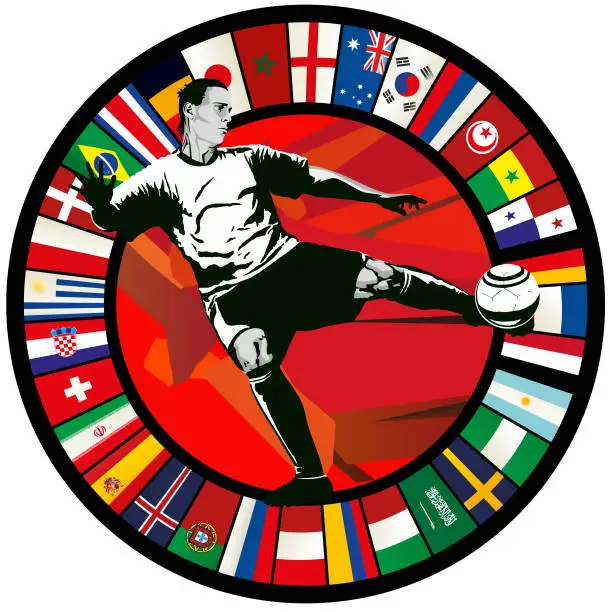 Vector illustration of Soccer player volley agains a circle of world flags 2018