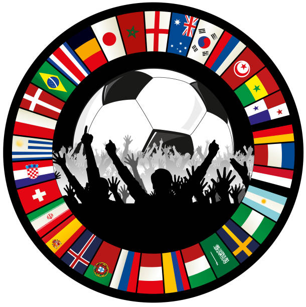 stockillustraties, clipart, cartoons en iconen met voetbal embleem met bal, juichende fans en cirkel van vlaggen 2018 - argentina fans world cup