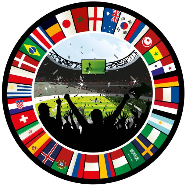 Vector illustration of Cheering Soccer Crowd Surrounded By Ring of World Flag 2018