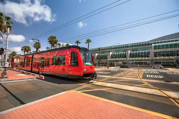 Streetcar rolls down the urban center of San Diego and the Gaslamp Quarter in California USA