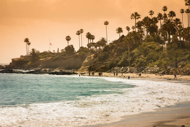 Waves crash on the Pacific Ocean shore of Laguna Beach California, USA