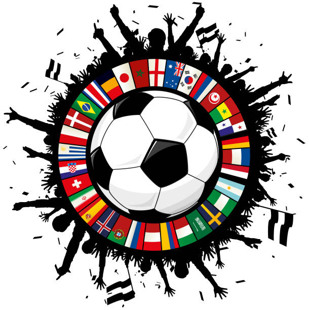 illustrazioni stock, clip art, cartoni animati e icone di tendenza di emblema calcio con palla, tifosi e cerchio di bandiere 2018 - argentina arabia saudita