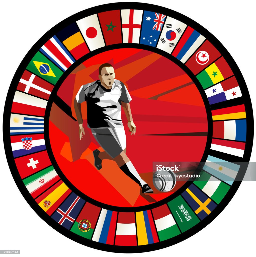 Low poly soccer player against a circle of flags Adult stock vector
