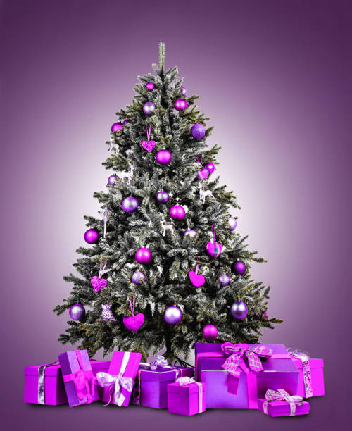 Christmas tree with purple present boxes and purple balls stock photo