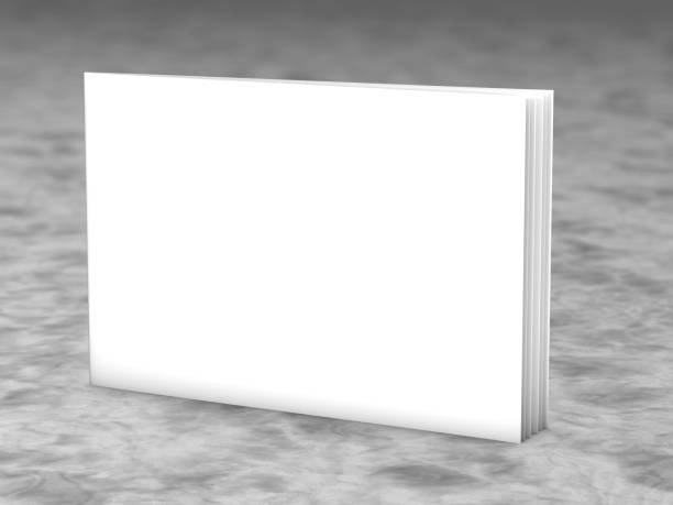 Blank cover horizontal landscape orientation brochure standing on marble floor 3d illustration.