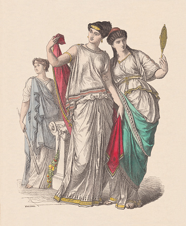 Ancient greek fashion: priestess (left), and noble ladies, pre-Christian time. Hand colored wood engraving, published c. 1880.