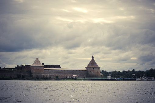 Fortress on thelake Ladoga, Shlisselburg, Russia: Fortress Oreshek. Medieval Russian defensive structure and political prison. Fortress walls and towers.