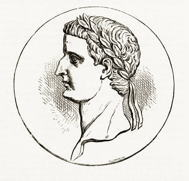 Laureated Head of Tiberius Christian Symbolism Engraving Rare and beautifully executed Engraved illustration of the Laureated Head of Tiberius Christian Symbolism Engraving from The History and Principles and Practice of Symbolism in Christian Art, by F. Edward Hulme and Published in 1891. Copyright has expired on this artwork. Digitally restored. laureat stock illustrations