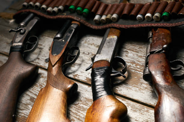 istock Hunting rifles with leather bandolier with ammunition 913528908