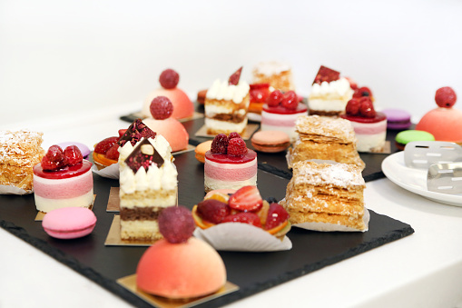desserts with fruits, mousse, biscuits