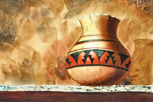 Watercolor painting of an American Indian style clay pot.