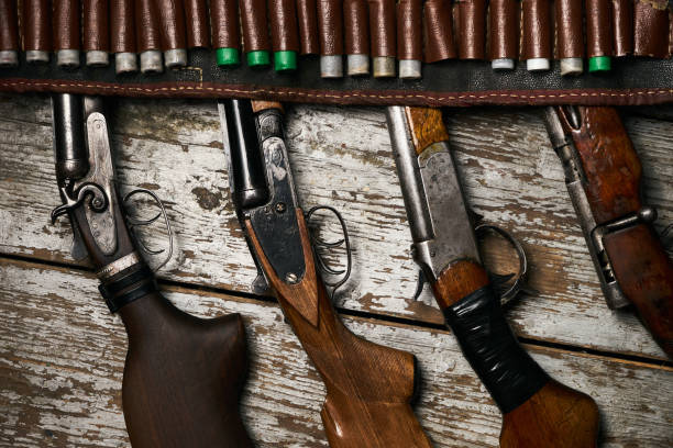 istock Hunting rifles with leather bandolier with ammunition 913529344
