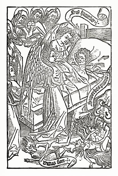 представление королевства христианской символики сатаны гравировка - morbid angel stock illustrations