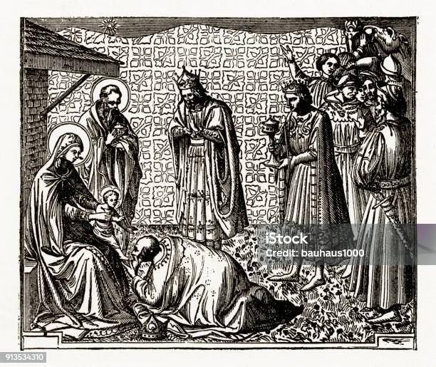 Adoration Of The Magi Nativity Christian Symbolism Engraving Stock Illustration - Download Image Now