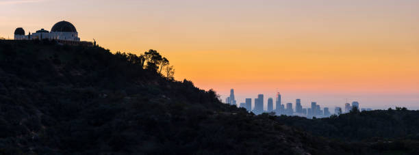Los Angeles Skyline at Dawn Looking from Mt Hollywood City of Los Angeles at dawn from my Hollywood griffith park observatory stock pictures, royalty-free photos & images