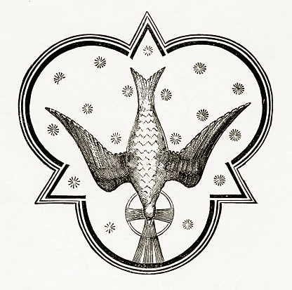 Rare and beautifully executed Engraved illustration Representation of the Dove, Holy Spirit Christian Symbolism Engraving from The History and Principles and Practice of Symbolism in Christian Art, by F. Edward Hulme and Published in 1891. Copyright has expired on this artwork. Digitally restored.