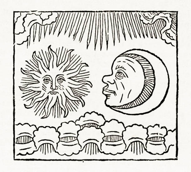 illustrations, cliparts, dessins animés et icônes de soleil et la lune, sa crucifixion de symboles chrétiens gravure - antique engraved image moonlight night