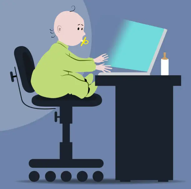 Vector illustration of Baby playing with a computer.