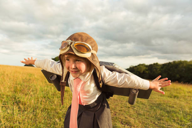 istock Young British Business Girl Flying Jet Pack 913539144