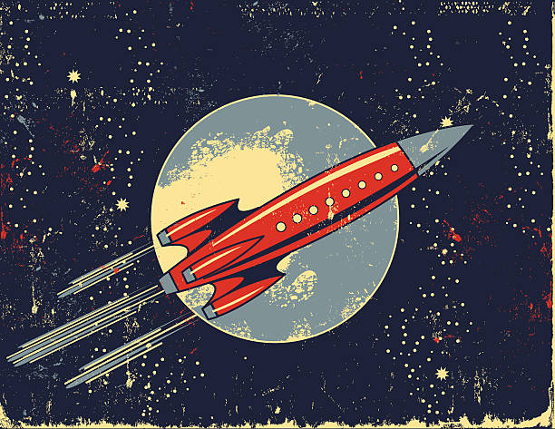 ilustraciones, imágenes clip art, dibujos animados e iconos de stock de retro rocket de historieta en el espacio extraterrestre - run down illustrations
