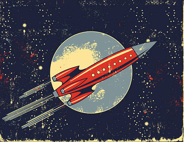 illustrazioni stock, clip art, cartoni animati e icone di tendenza di retrò rocket fumetto nello spazio esterno - skyrocket