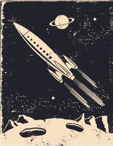 Vintage space cartoon has optional texture, global colors, layered elements for easy editing. Compressed hi res jpeg file also included.