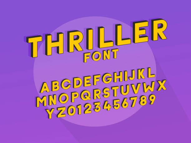 istock Thriller font typeface. Vector design unique font with cartoon show effect. Purple background and orange yellow font with black outline 913545094