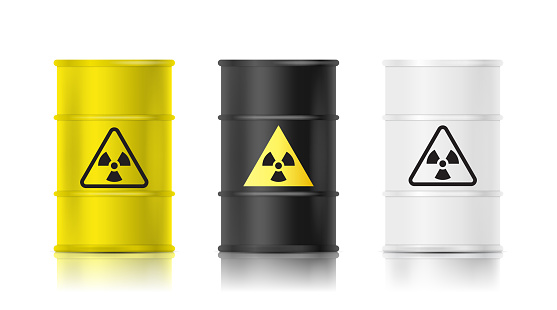 Black, white and yellow realistic barrel set with biohazard sign. Vector illustration