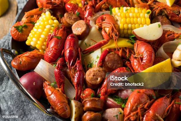 Homemade Southern Crawfish Boil Stock Photo - Download Image Now - Crayfish - Seafood, Boiling, Seafood
