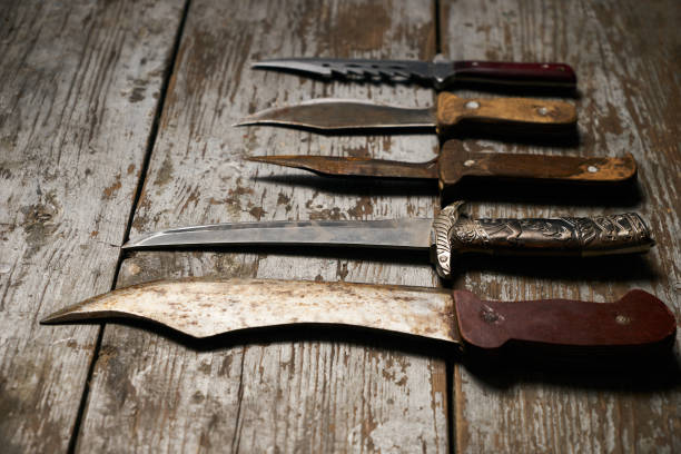 istock Set of old hunting handmade knives 913547258